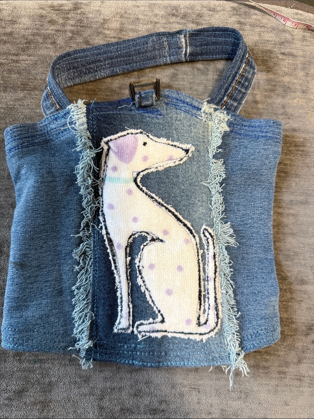 Denim Dog  dress with Polka Dot Dog Applique Hand made,one of the kind